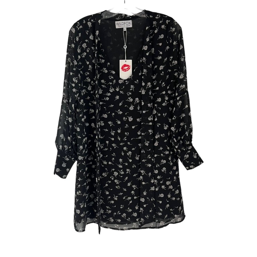 Wildfox Black Floral Print Long Sleeve Tie V-Neck Mini Dress Small S